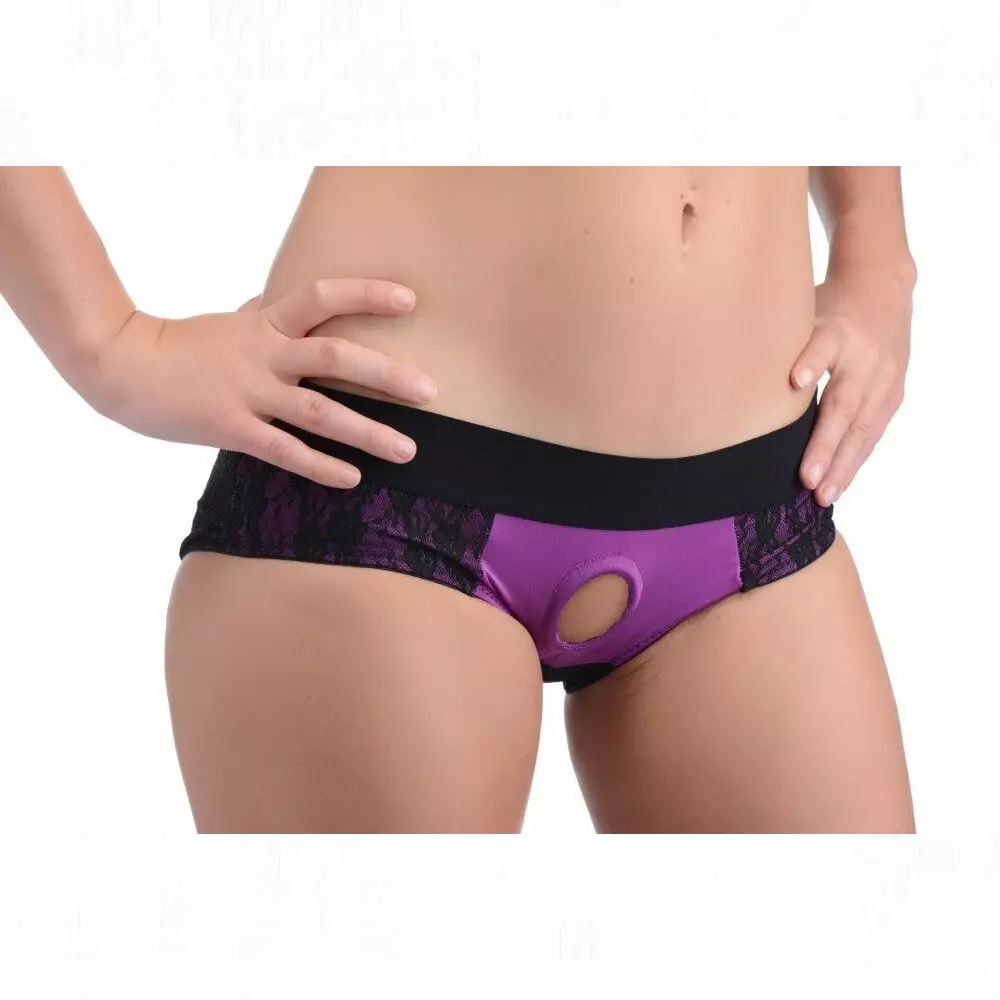 Strap U Lace Envy Crotchless Panty Harness In Purple-Black L/XL